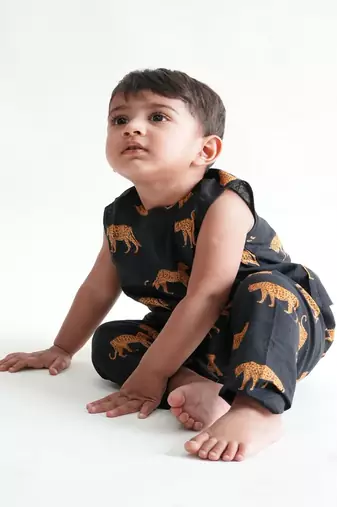 Black printed cotton  kurta pyjama
