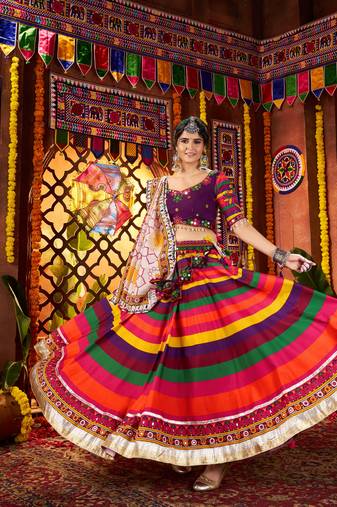 MULTICOLOR MIRROR WORK EMBROIDERED printed MASLIN STITCHED LEHENGA CHOLI