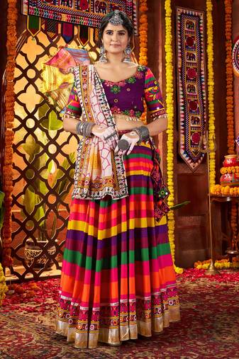 MULTICOLOR MIRROR WORK EMBROIDERED printed MASLIN STITCHED LEHENGA CHOLI