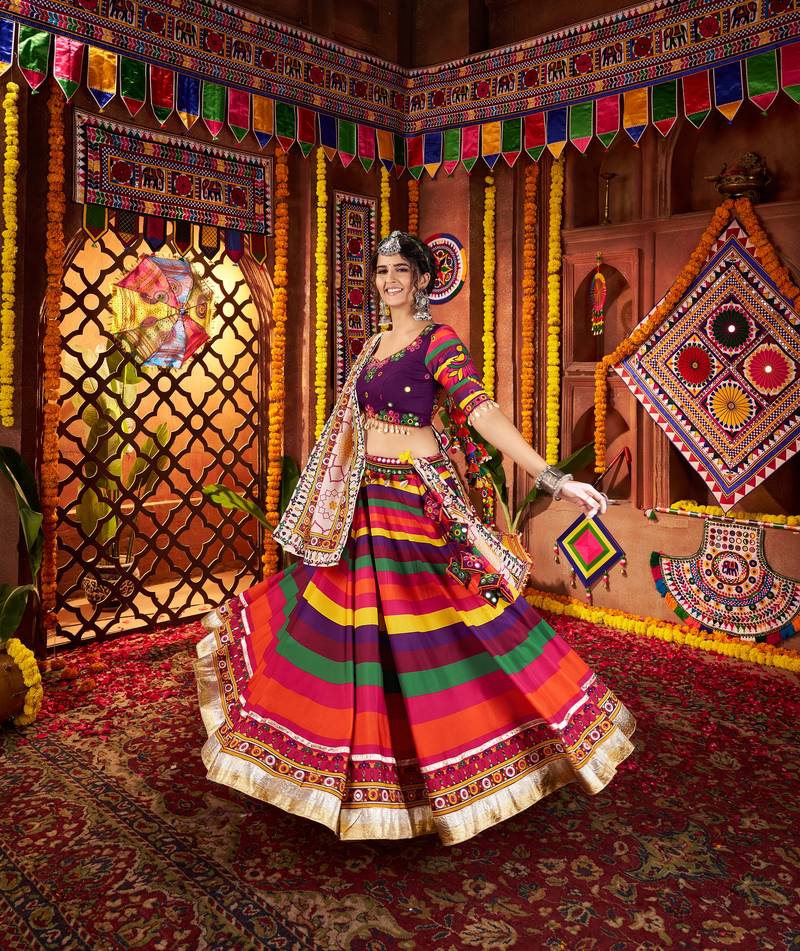 MULTICOLOR MIRROR WORK EMBROIDERED printed MASLIN STITCHED LEHENGA CHOLI