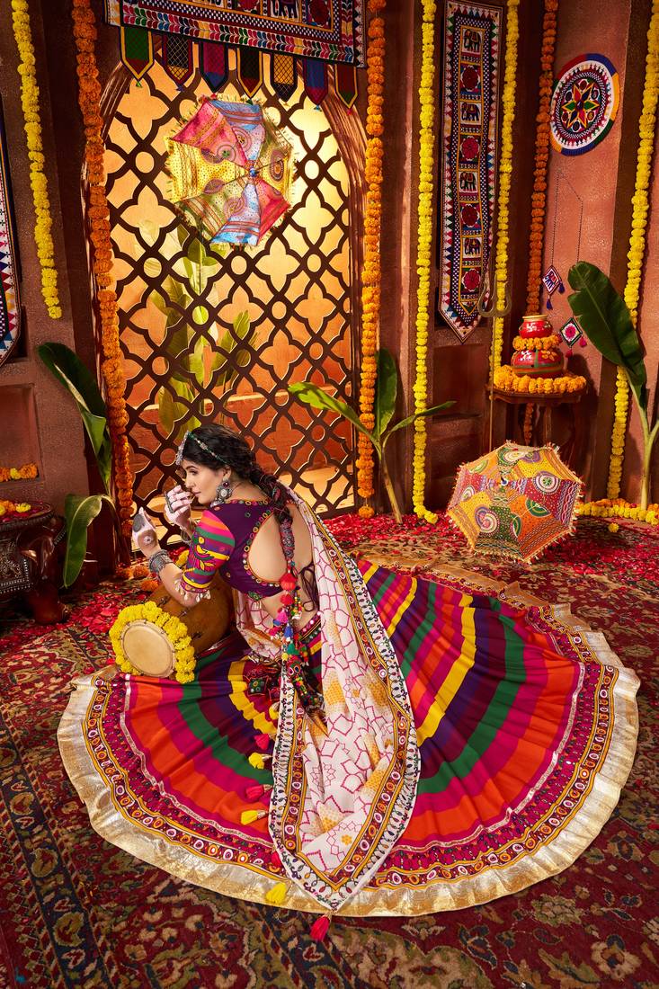 MULTICOLOR MIRROR WORK EMBROIDERED printed MASLIN STITCHED LEHENGA CHOLI