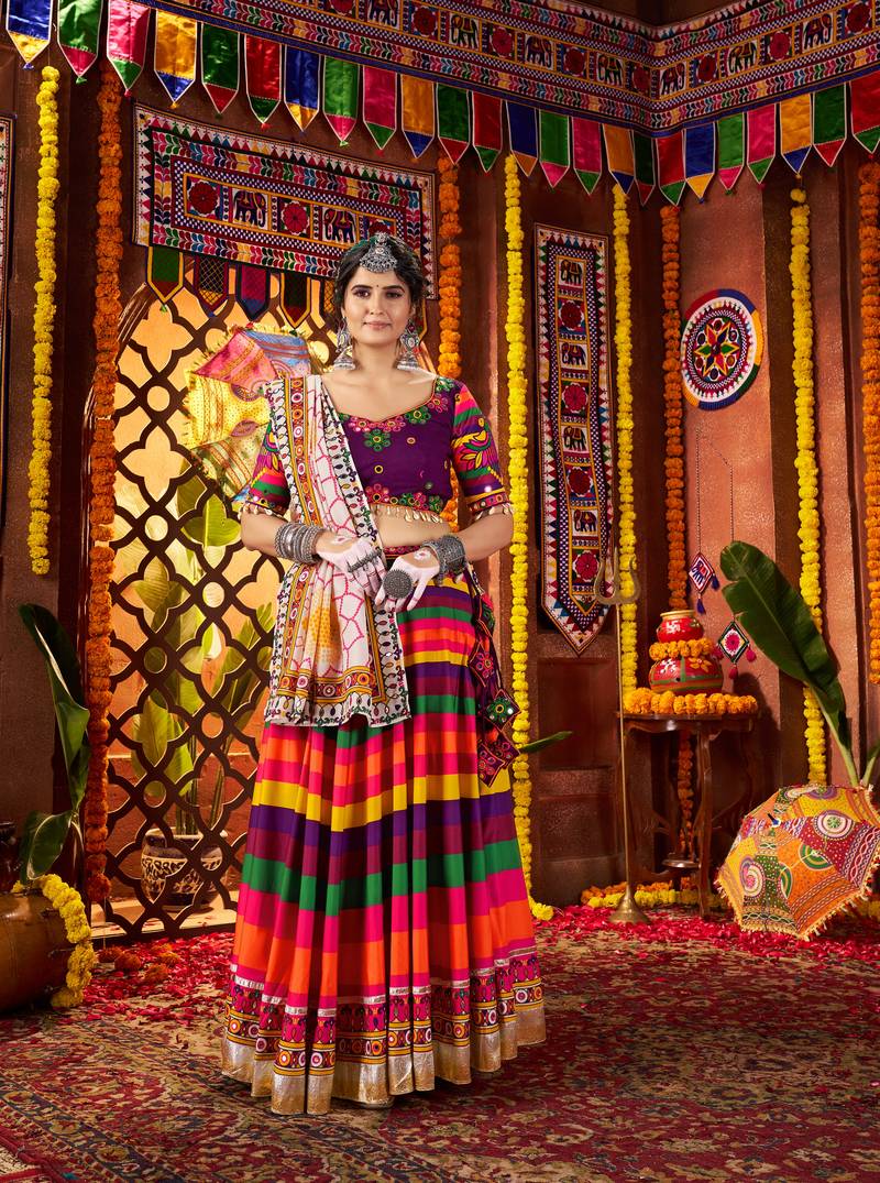 MULTICOLOR MIRROR WORK EMBROIDERED printed MASLIN STITCHED LEHENGA CHOLI