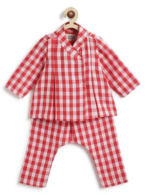 Red plain cotton  kurta pyjama 4
