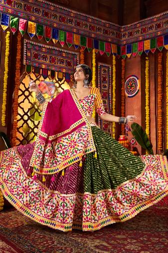 MULTICOLOR MIRROR WORK EMBROIDERED printed COTTON STITCHED LEHENGA CHOLI