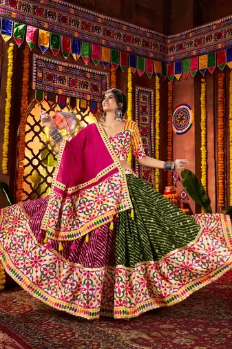 MULTICOLOR MIRROR WORK EMBROIDERED printed COTTON STITCHED LEHENGA CHOLI