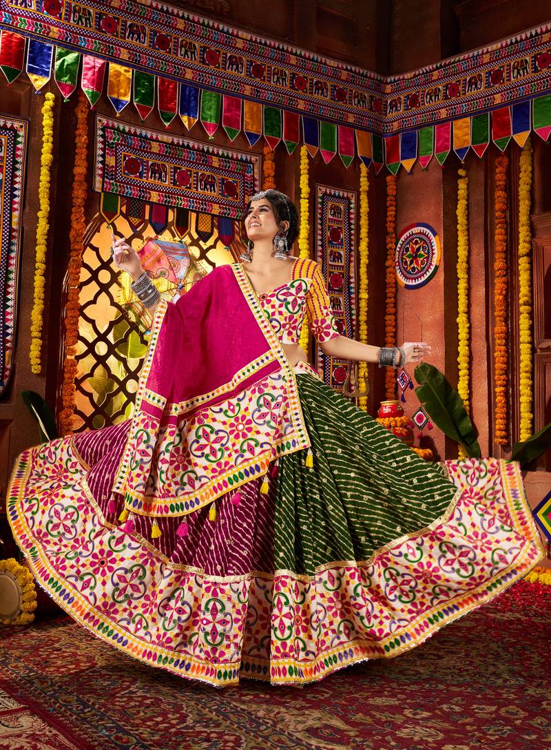 MULTICOLOR MIRROR WORK EMBROIDERED printed COTTON STITCHED LEHENGA CHOLI
