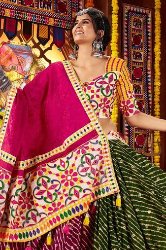 MULTICOLOR MIRROR WORK EMBROIDERED printed COTTON STITCHED LEHENGA CHOLI