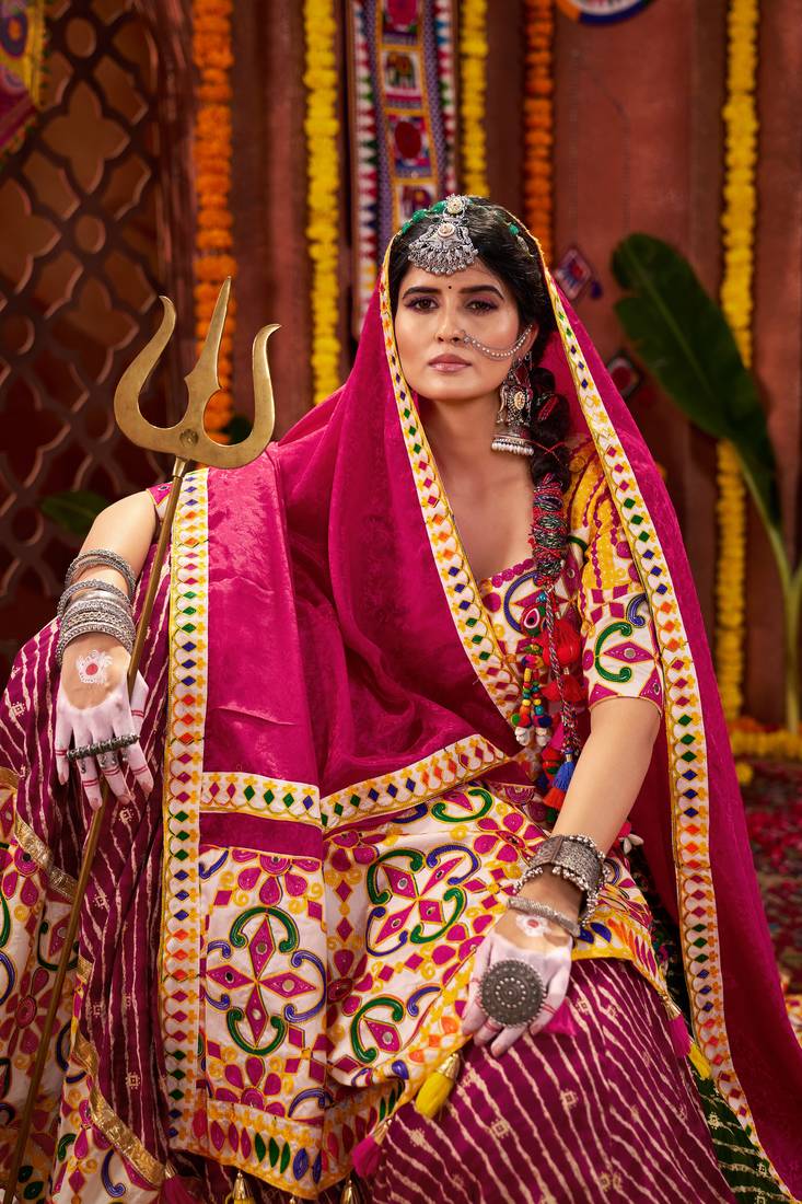 MULTICOLOR MIRROR WORK EMBROIDERED printed COTTON STITCHED LEHENGA CHOLI