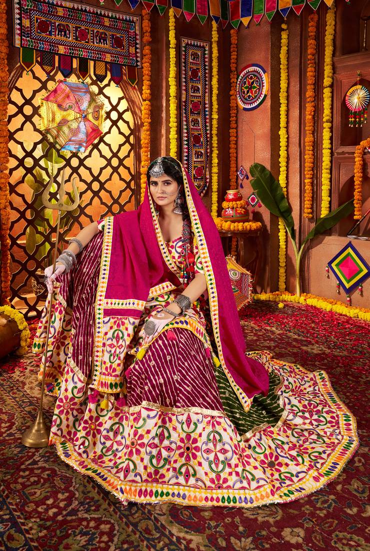 MULTICOLOR MIRROR WORK EMBROIDERED printed COTTON STITCHED LEHENGA CHOLI