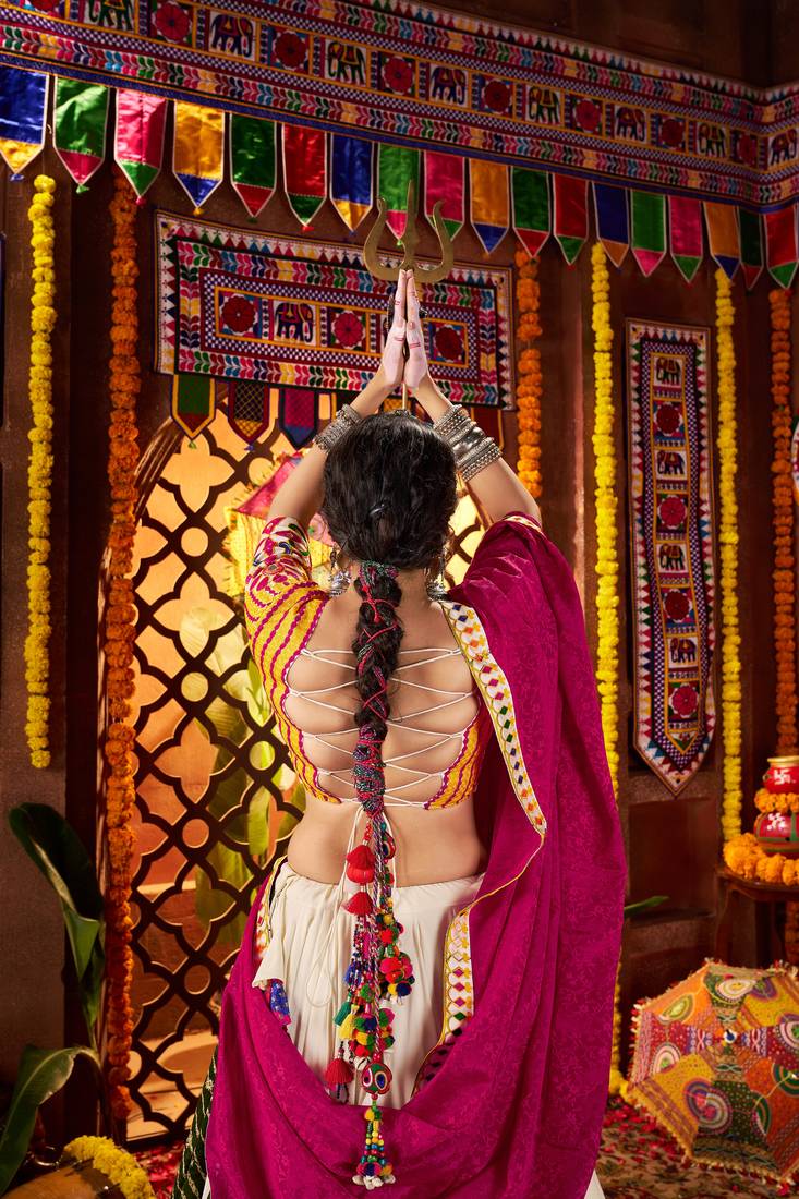 MULTICOLOR MIRROR WORK EMBROIDERED printed COTTON STITCHED LEHENGA CHOLI