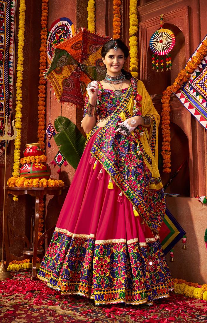 Pink Multi-Color Embroidered Navratri Lehenga Choli     Exclusive Garba Dress for Women
