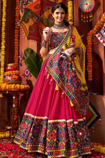 MULTICOLOR MIRROR WORK EMBROIDERED printed COTTON STITCHED LEHENGA CHOLI