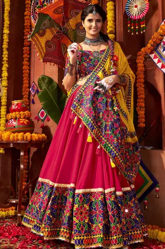 MULTICOLOR MIRROR WORK EMBROIDERED printed COTTON STITCHED LEHENGA CHOLI