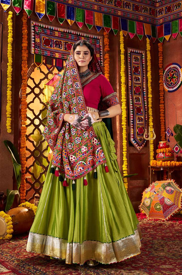 GREEN MIRROR WORK EMBROIDERED printed SILK STITCHED LEHENGA CHOLI