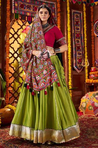 GREEN MIRROR WORK EMBROIDERED printed SILK STITCHED LEHENGA CHOLI