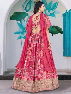 pink chinon thread embroidered lehenga set choli with dupatta 5