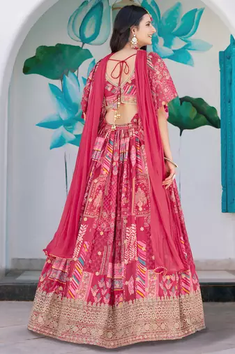 pink chinon thread embroidered lehenga set choli with dupatta