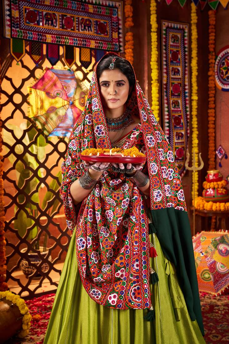 GREEN MIRROR WORK EMBROIDERED printed SILK STITCHED LEHENGA CHOLI