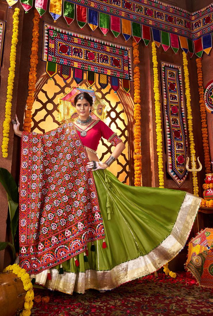 GREEN MIRROR WORK EMBROIDERED printed SILK STITCHED LEHENGA CHOLI