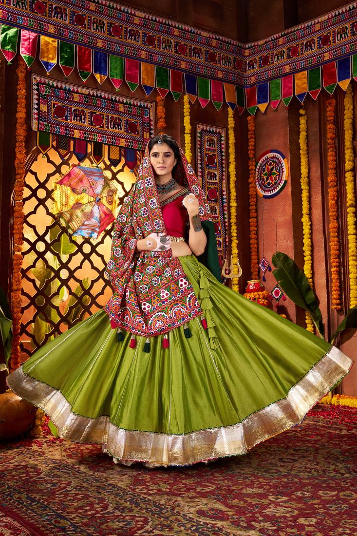 GREEN MIRROR WORK EMBROIDERED printed SILK STITCHED LEHENGA CHOLI