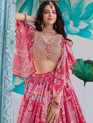 pink chinon thread embroidered lehenga set choli with dupatta 6