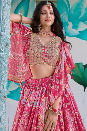 pink chinon thread embroidered lehenga set choli with dupatta