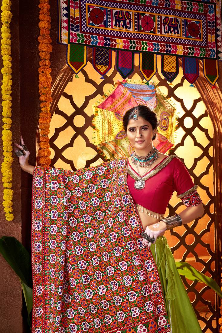 GREEN MIRROR WORK EMBROIDERED printed SILK STITCHED LEHENGA CHOLI