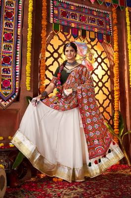 WHITE MIRROR WORK EMBROIDERED printed SILK STITCHED LEHENGA CHOLI 1