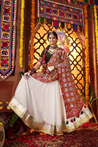 WHITE MIRROR WORK EMBROIDERED printed SILK STITCHED LEHENGA CHOLI