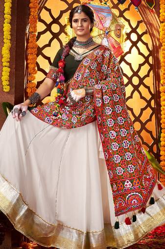 WHITE MIRROR WORK EMBROIDERED printed SILK STITCHED LEHENGA CHOLI