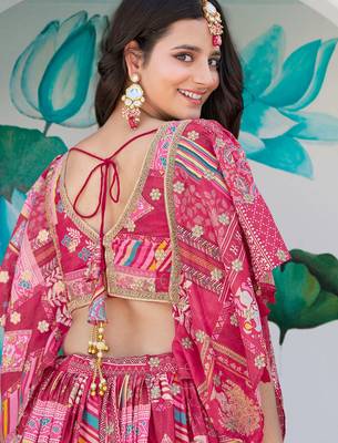 pink chinon thread embroidered lehenga set choli with dupatta 7