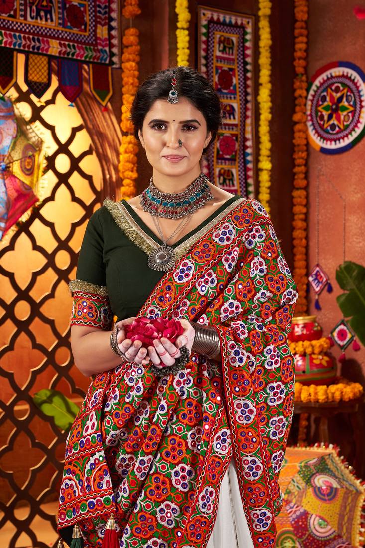 WHITE MIRROR WORK EMBROIDERED printed SILK STITCHED LEHENGA CHOLI