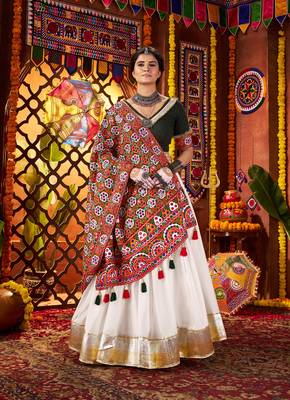 WHITE MIRROR WORK EMBROIDERED printed SILK STITCHED LEHENGA CHOLI 4