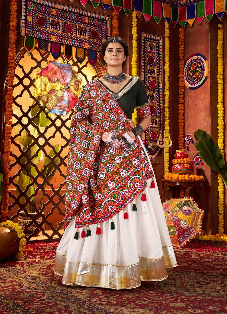 WHITE MIRROR WORK EMBROIDERED printed SILK STITCHED LEHENGA CHOLI