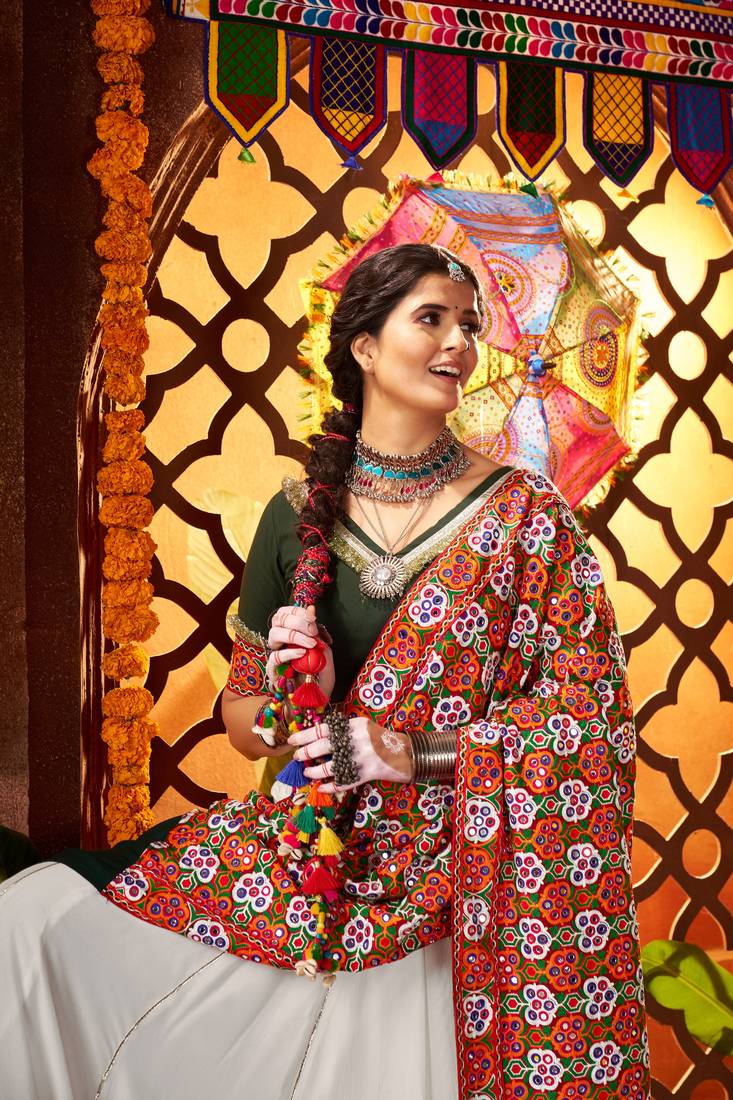 WHITE MIRROR WORK EMBROIDERED printed SILK STITCHED LEHENGA CHOLI