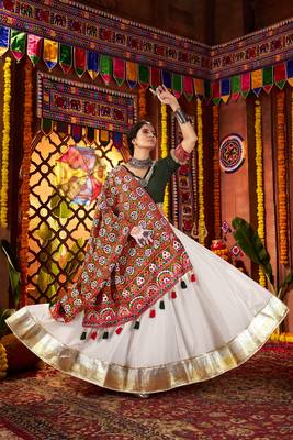 WHITE MIRROR WORK EMBROIDERED printed SILK STITCHED LEHENGA CHOLI 6