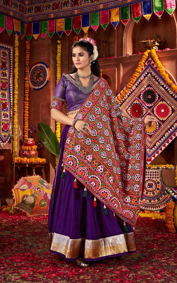 PURPLE MIRROR WORK EMBROIDERED printed SILK STITCHED LEHENGA CHOLI