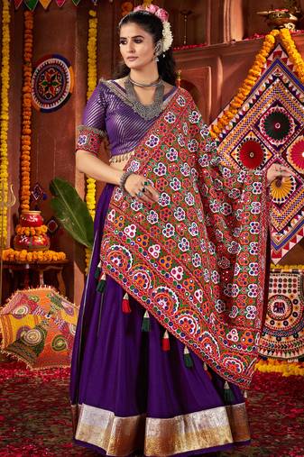 PURPLE MIRROR WORK EMBROIDERED printed SILK STITCHED LEHENGA CHOLI