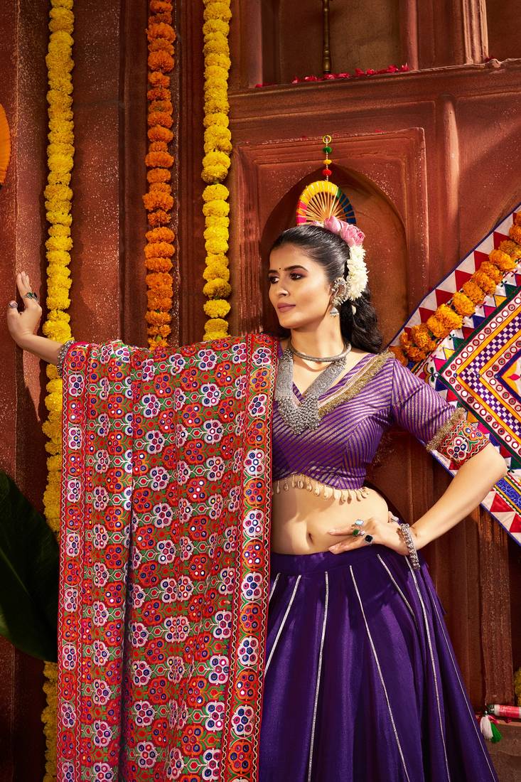 PURPLE MIRROR WORK EMBROIDERED printed SILK STITCHED LEHENGA CHOLI