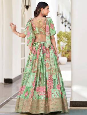 pista green chinon dori embroidered lehenga set choli with dupatta 5