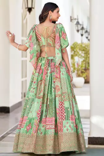 pista green chinon dori embroidered lehenga set choli with dupatta