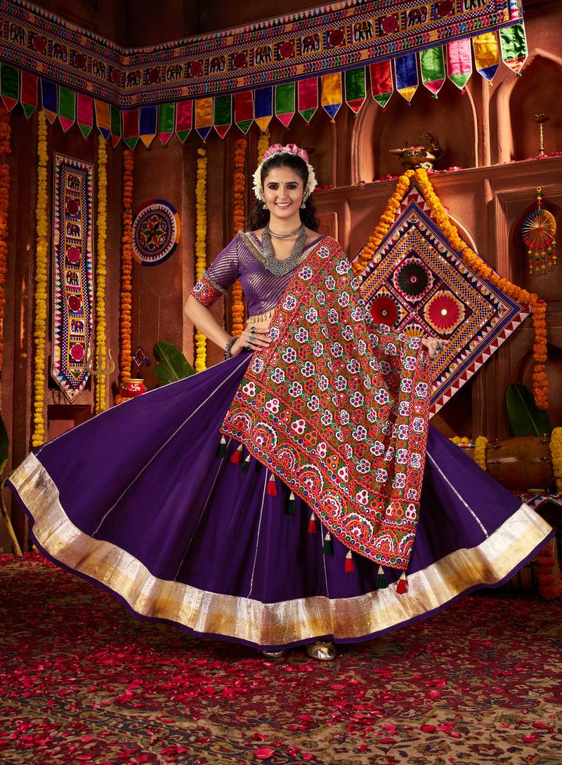 PURPLE MIRROR WORK EMBROIDERED printed SILK STITCHED LEHENGA CHOLI