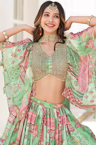 pista green chinon dori embroidered lehenga set choli with dupatta