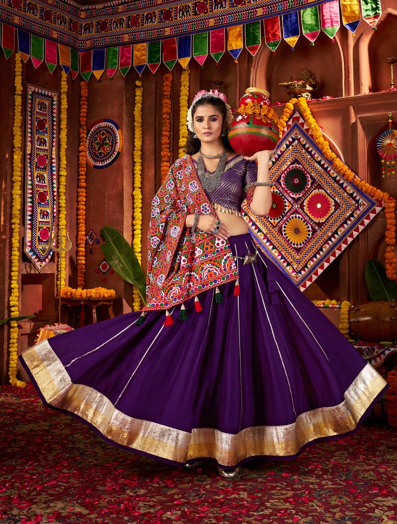 PURPLE MIRROR WORK EMBROIDERED printed SILK STITCHED LEHENGA CHOLI