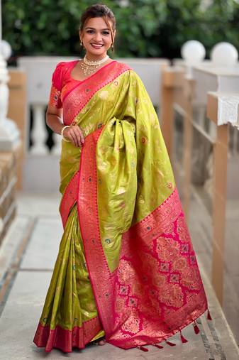 Lime Green Soft Silk Blend Saree With Zari Weaving Meenakari Design