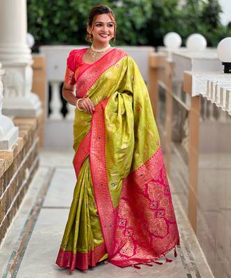Lime Green Soft Silk Blend Saree With Zari Weaving Meenakari Design 2