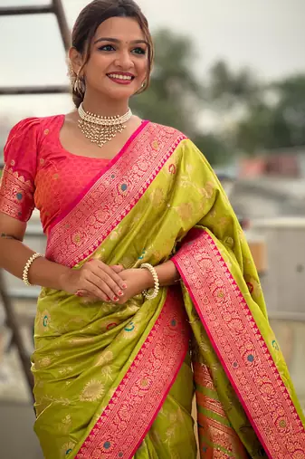 Lime Green Soft Silk Blend Saree With Zari Weaving Meenakari Design