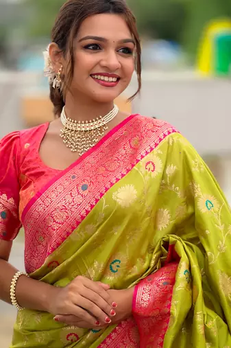 Lime Green Soft Silk Blend Saree With Zari Weaving Meenakari Design