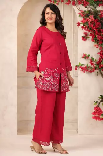 Mahua carmine embroidery cotton co-ord set