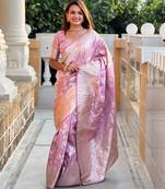 Lavender Soft Silk Blend Saree With Zari Weaving Meenakari Design